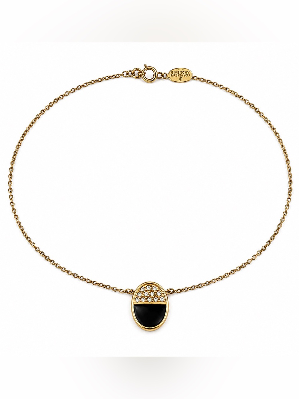 Givenchy Paris New York Vintage Black Enamel Rhinestone Gold Tone Necklace